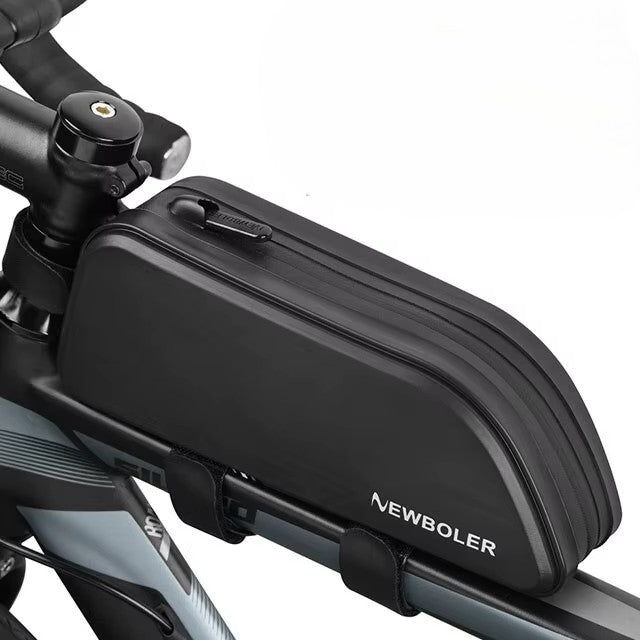 Sacoche top tube noire fixée sur le tube supérieur d'un vélo – vue de dessus