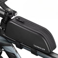 Sacoche top tube noire fixée sur le tube supérieur d'un vélo – vue de dessus